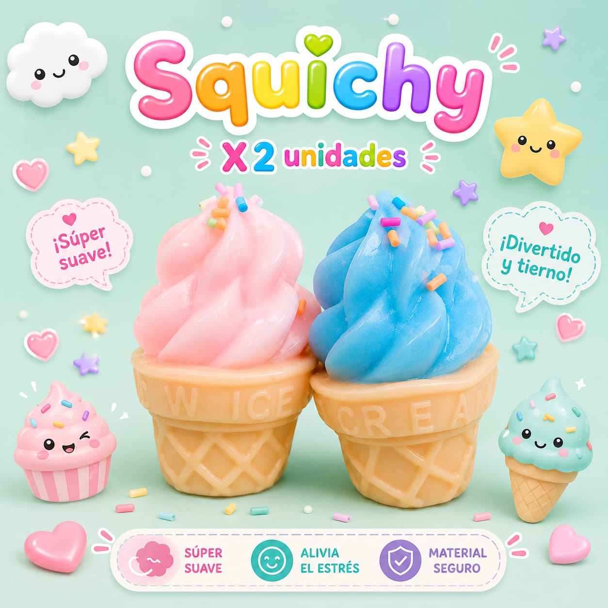 Set X2 Squishies Antiestrés Helados Suaves (Azul y rosado)